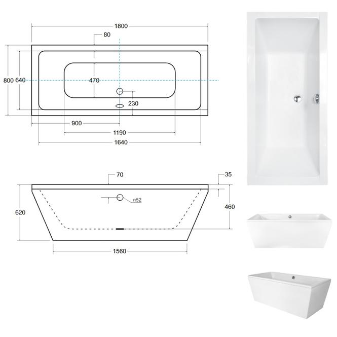 Freistehende Badewanne VERA 180/80 weiß + klik-klak