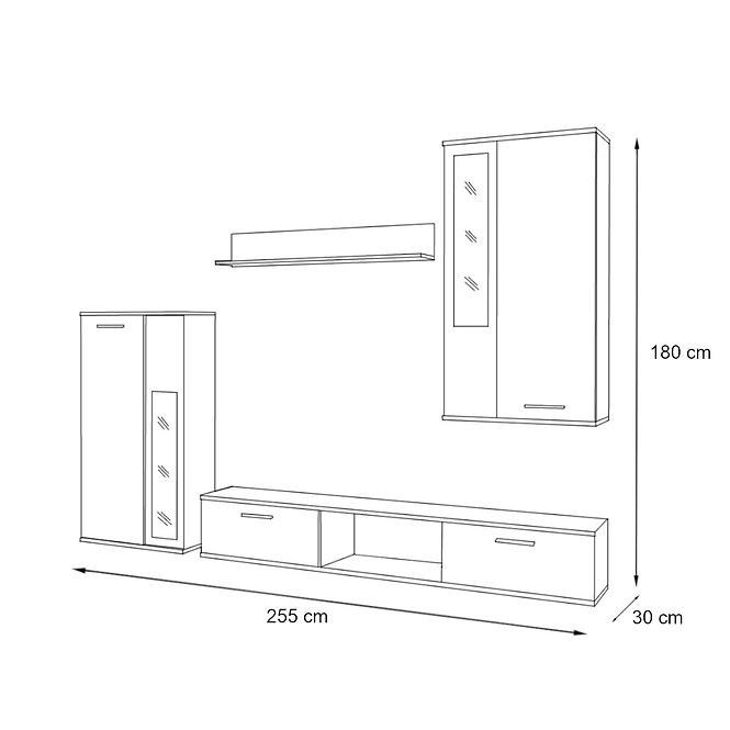 Wohnwand Wow 255cm Weiß/Schwarzes Glas