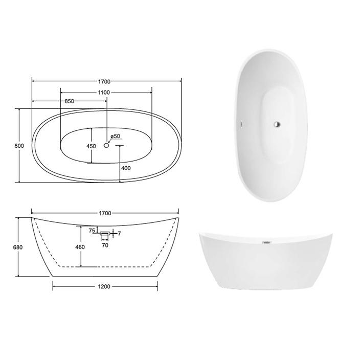 Frei stehende Badewanne Ayla 170/80 Überlaufgarnitur Click-Clack mit rechteckigem Überlauf Slim