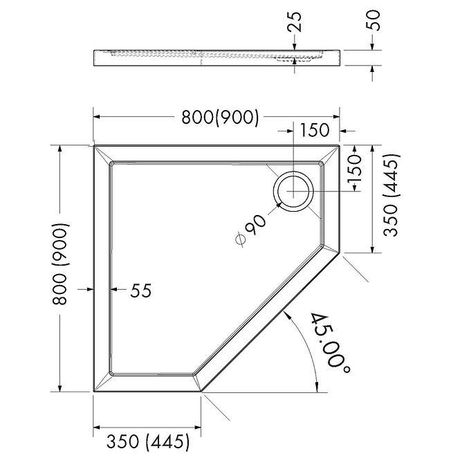 Duschwanne fünfeckig Black Stone 80x80x5 Espera AQM2397CST