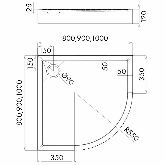 Duschwanne halbrund 80x80x12 R55 Espera Plus AQM4633