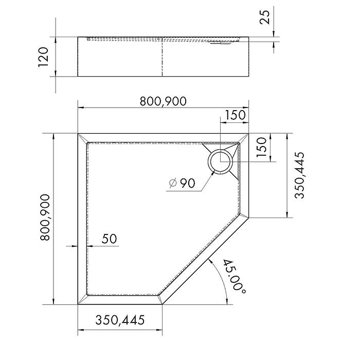 Duschwanne fünfeckig 80x80x12 Espera Plus AQM4697