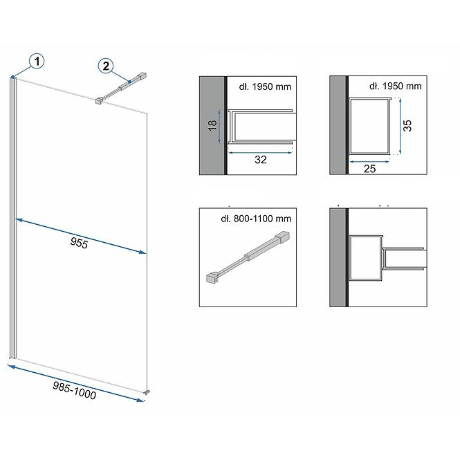 Duschwand Walk-in Aero Rea K6596 100x195 black