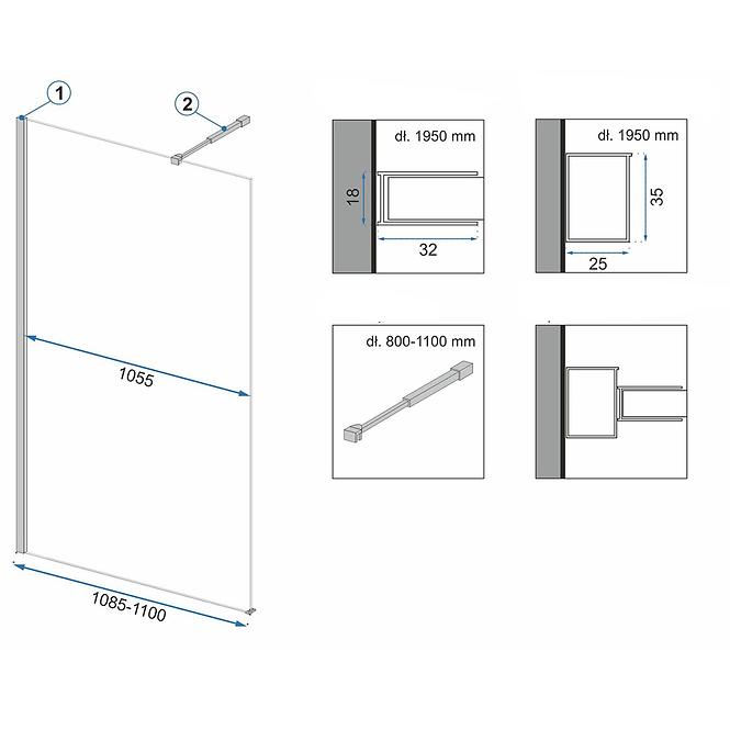 Duschwand Walk-in Aero Rea K6597 110x195 black