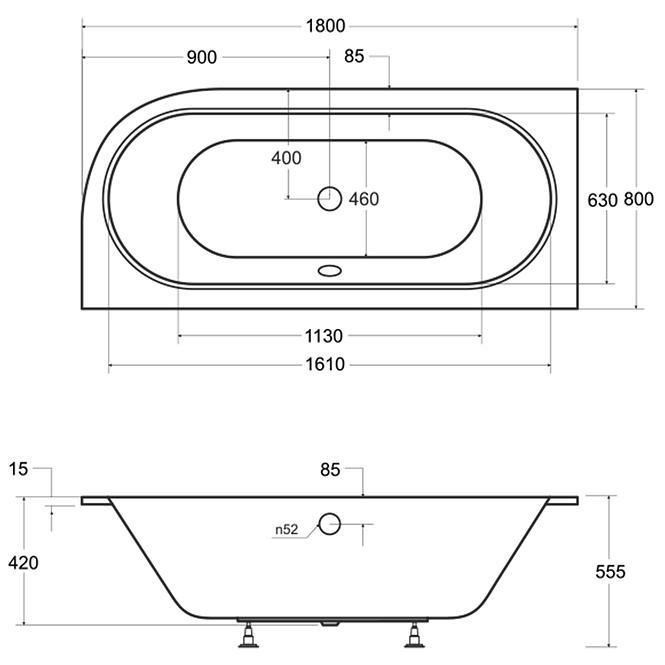 Badewanne Avita Slim+180/80l +  Badewannenfüße