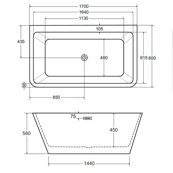 Freistehende Wandbadewanne Varya 170/80 + Siphon mit Chromüberlauf