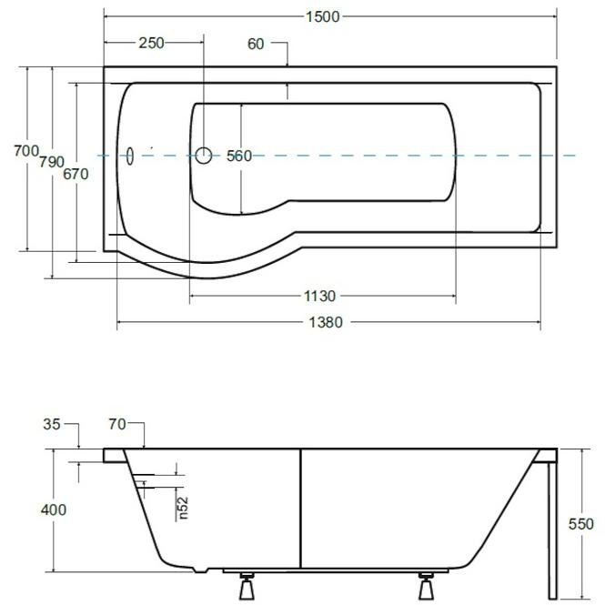 Badewanne Inspiro 150/70 L + Badewannenfaltwand