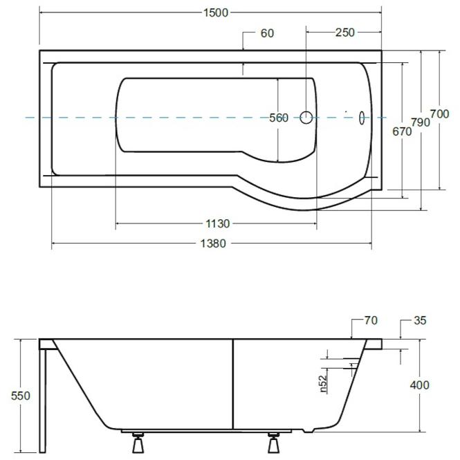 Badewanne Inspiro 150/70 R + Badewannenfaltwand